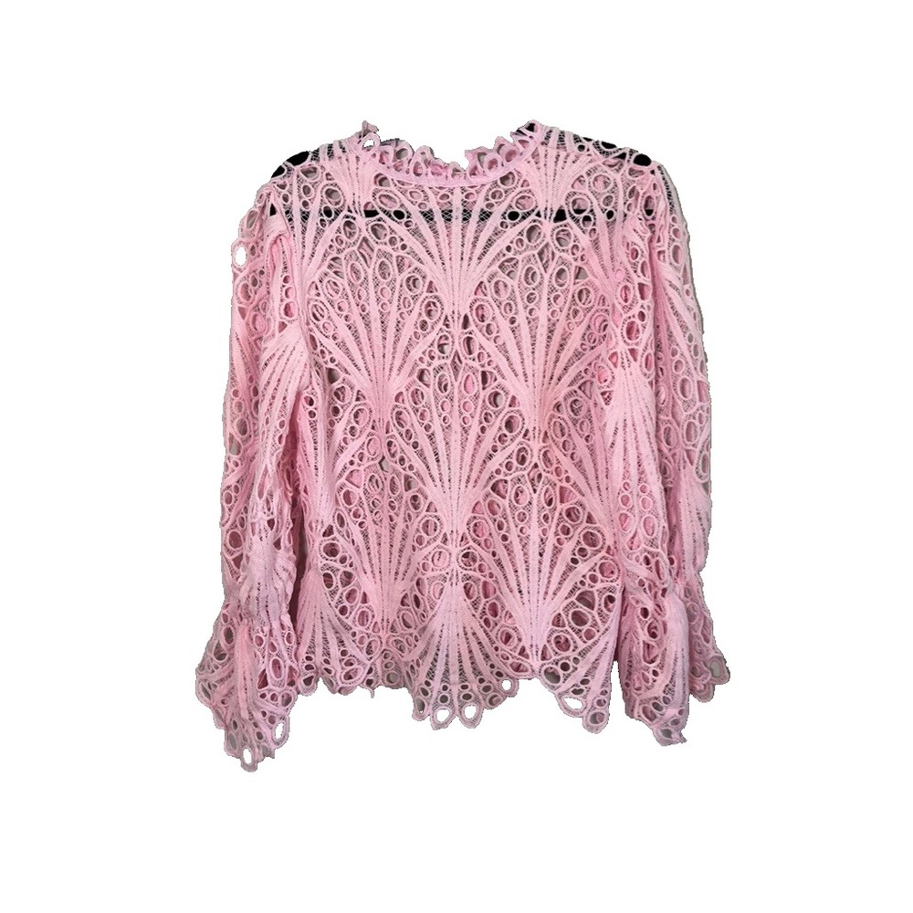 Scalloped Lace Crochet Top Pink S Coquette Feminine Bell Sleeve Boho Chic